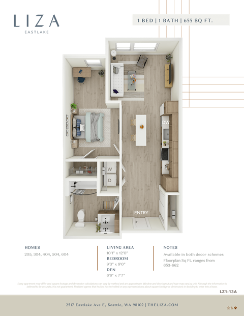 Liza Apartment 3D floor plan - 1x1 655 sqft